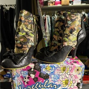 Irregular Choice "Golden Years" -Brocade Bow Ankle Boots – Unique Designer Heels